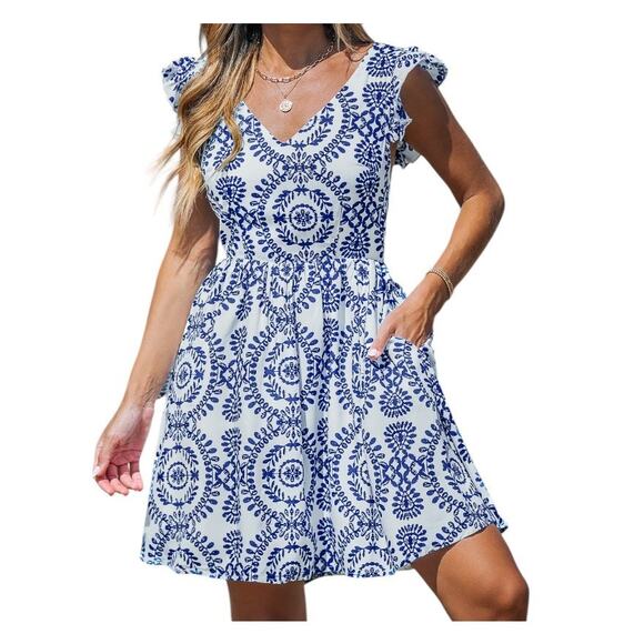 Cupshe Dresses & Skirts - Cupshe Blue & White Ornate Flutter Sleeve V-Neck Mini Dress Size L